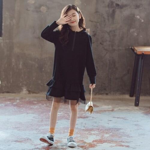 2020 New Autumn Children Clothes Teen Girls Mesh Patchwork Dress Cotton Girl Hooded Dresses Brief Kids Girls Casual Dress, #1084
