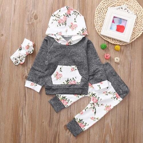Newborn Clothes Sets For Infant Baby Boy Girl Floral Tops Hoodie Sweatshirt Pants Headband Outfits 3pcs Set Baby Clothing Suit