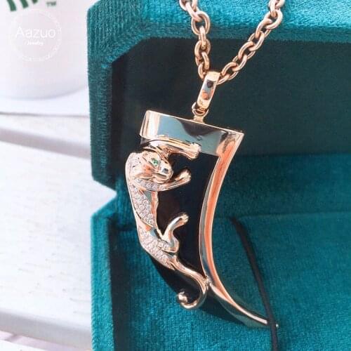 Aazuo 100% Real 18K Rose Gold Natural Black Agate Leopard Spike Shape Pendent With Chain gifted for Man Luxury Fine Jewelry