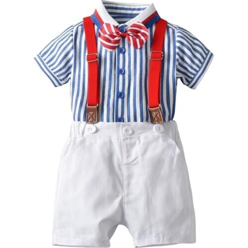 Kid Tddler Boy Short Striped Shirt Bow Clothes Suit Red Belt Children Clothing Set 1 2 3 4 Years