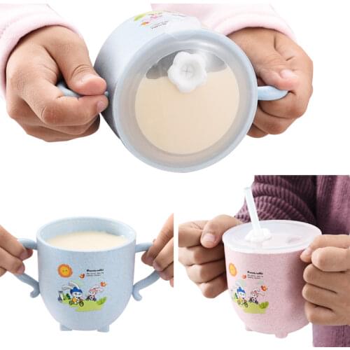 Baby learning water cup, with double handles and lid, leak-proof baby water cup bottle with straws, children training cup