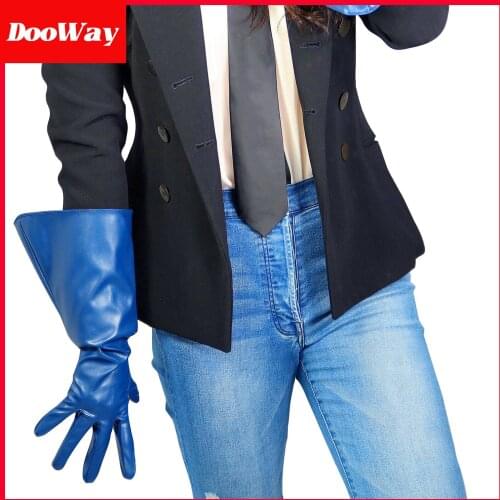 DooWay Women Long Leather Gloves Gauntlet 15-inches Navy Blue Faux Leather Wide Sleeve for Evening Costume Party