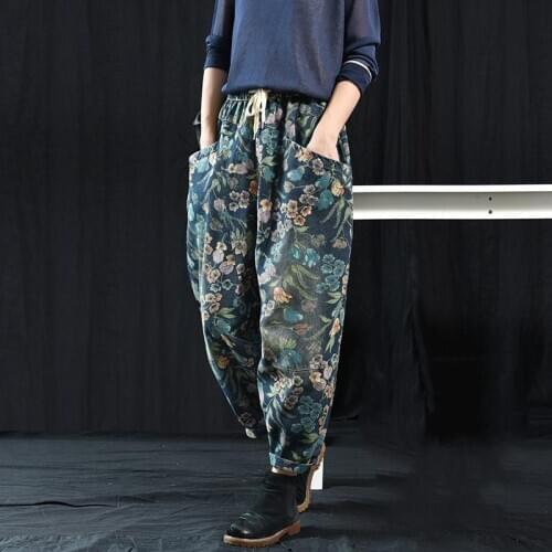 New Arrival Spring Autumn Arts Style Women Loose Elastic Waist Cotton Denim Pants Big Pocket Vintage Print Denim Jeans S483