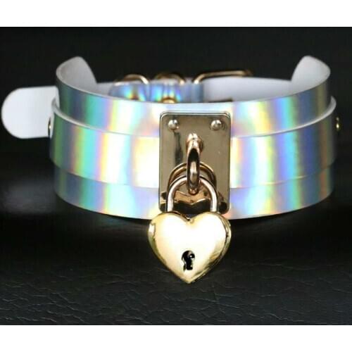 Festival holographic Love Choker punk laser Leather Collar Heart Necklace Statement Chain club party Harajuku Jewelry