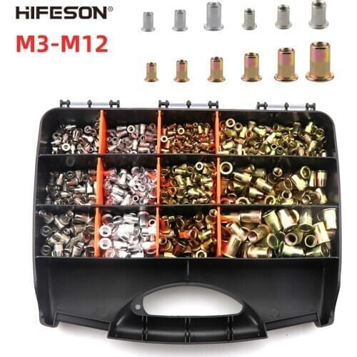 HIFESON 900/1200/1450PCS M3-M12 Multi-specification Manual Rivet Gun Accessories Iron/Aluminum/Stainless Steel Nut Set