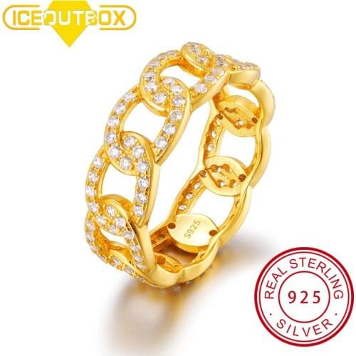 ICEOUTBOX Hip Hop Jewelry Sparkling Hollow Out Ring Real 925 Sterling Silver Cuban Link Finger Rings For Women Punk Unisex Gifts