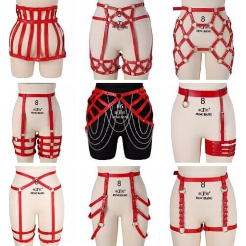 Red Leather Skirt Garter Belt Sexy Women Suspender Waist Bondage Adjust Pole Dance Festival Body Cage Lingerie Harness Gothic
