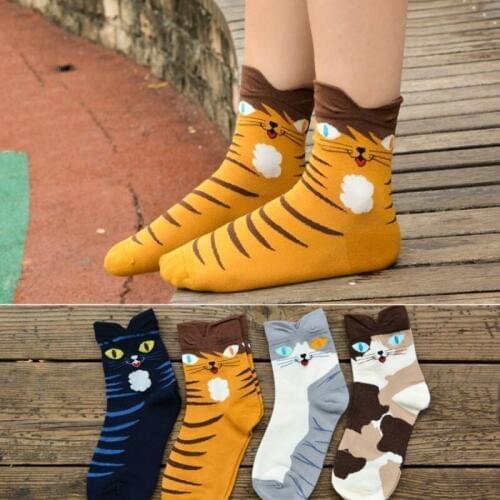 Fashion 3d Candy Color Cute Cat Women Girl Cotton Socks Korean Tube Harajuku Funny Casual Cheap Novelty Art Vintage White Yellow