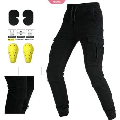 Mens Motorcycle Denim Cycling Pants with Wide Loose Hockey Pants with Knee Pads