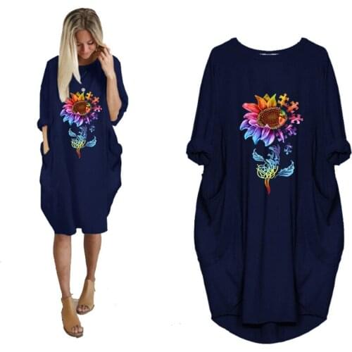 Autumn Spring Casual Loose Dress Cute Colorfur Sunflower Print Pocket Long Sleeve Vintage Plus Size Holiday Dresses Vestido Robe