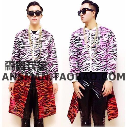 New Male Fashion Leopard Removable Long Baseball Jacket uniforms costumes Male singer dancer stage show performance wear