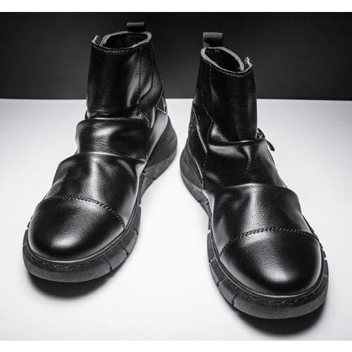 2020 Winter New Black Mens Hight-Top British Style Leather Boots Leather Shoes Korean Style Fashion All-match Work Boots