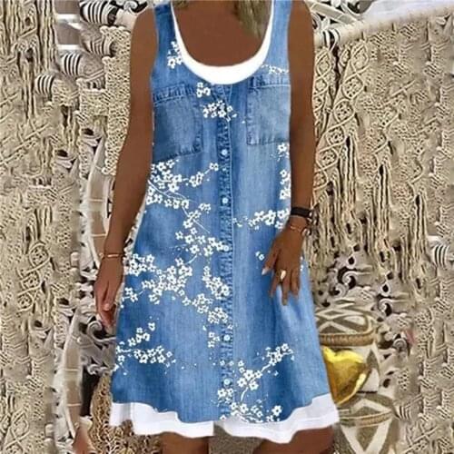 Women Dress Fashion Loose Casual Floral Print O Neck Sleeveless Dress Street Summer Female Dress