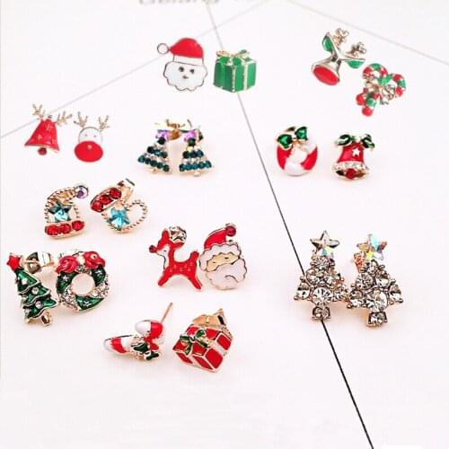 Christmas Jewelry Earings Fashion Jewelry Stud Earrings for Women Cute Deer Bell Tree Crystal Earrings Lovely Xmas Gifts Earing