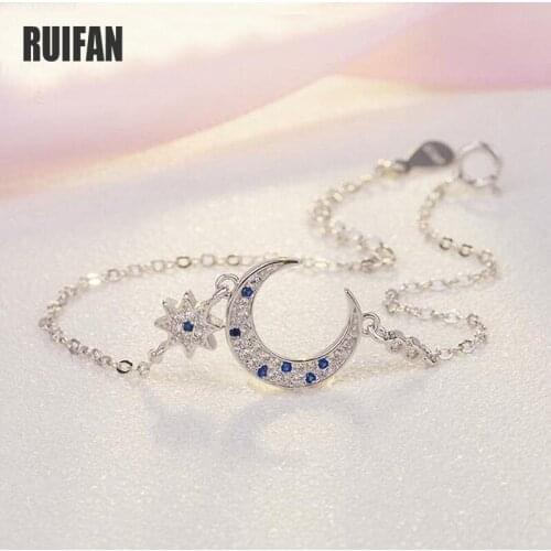 Ruifan Moon/Star Blue Cubic Zirconia 925 Sterling Silver Womens Bracelets Trendy Silm Chain Link Bracelet Jewelry Gift YBR029