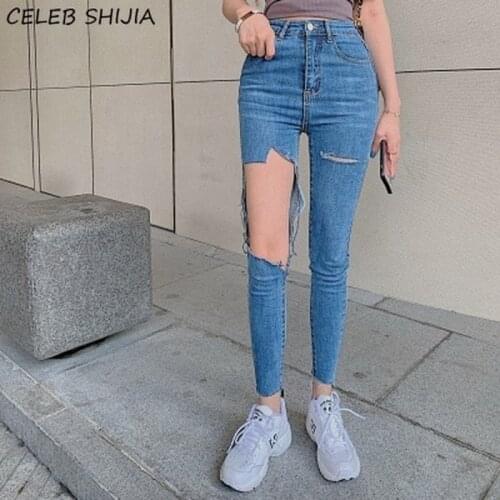 SHIJIA CHIC Split Trousers Jeans Woman Double Button High Waist Elastic Pencil Pants Female Korean Blue Denim Skinny Jean Mom