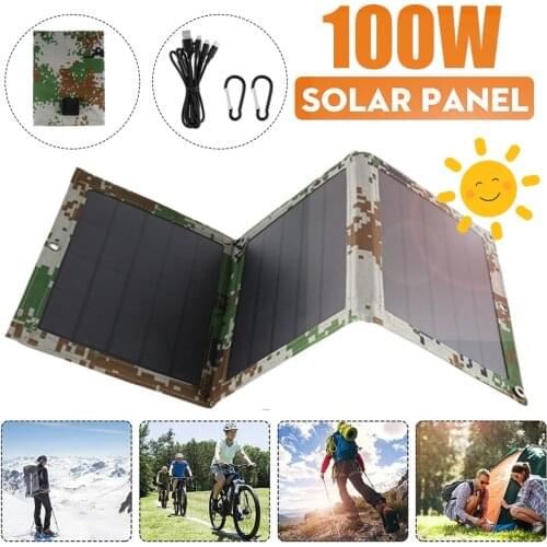 Foldable Solar Panel 50W Dual USB Sun Power Solar Cells Bank Pack 4 in1 USB Cable Waterproof for Phone Backpack Camping Hiking