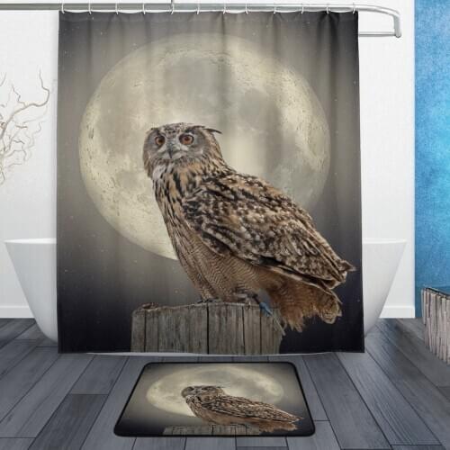 Owl in Moon Night Waterproof Polyester Fabric Shower Curtain with Hooks Doormat Bath Floor Mat Bathroom Home Decor
