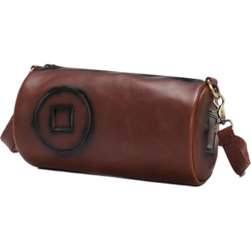 Fashion Barrel-shaped Men Bags Vintage Small Shoulder Bag Thick Leather Male Messenger Bag Cylinder Mens Crossbody Bags Male