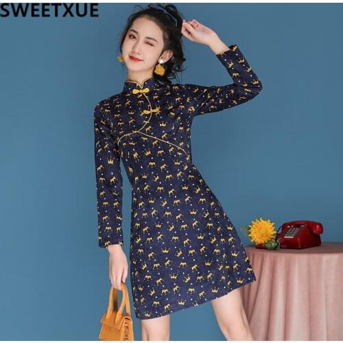 SWEETXUE Women Cheongsam Chinese Style New Spring And Autumn Velvet Young Slim Dress Long Sleeve Dress Lady