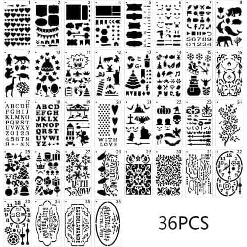 36pcs/set Journal Drawing Template Stencil Painting Embossing Scrapbooking DIY Diary Decorative