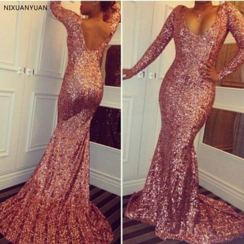 Long Sleeve Mermaid Formal Gowns Sequins Vestido De Festa Robe De Soiree Floor Length Dubai Kaftan Abendkleider Evening Dresses