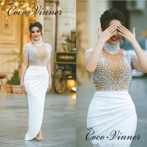 W0681 Quality Dubai Mermaid Wedding Dress 2021 Heavy Pearls Beaded High Neck Short Sleeves Satin Wedding Dresses Custom Made