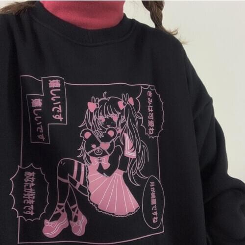 Goth Clothes Size Anime Print Harajuku Long Sleeve Women Hoodie Vintage Dropshipping Black Sweatshirt Streetwear Y2K Top Korean