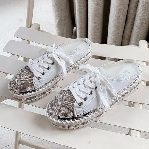 Crystals Round Toe Leather Flats Shoes Women Silver Bling Loafers Couple Platform Shoes Woman Flat With Students Size 43