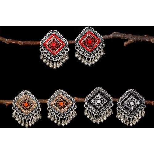 Classic Silver Color Square Earrings For Women Turkey Bijoux Vintage Bohemia Beaded Tassel Earrings Flower Tribe Indian Jewelry