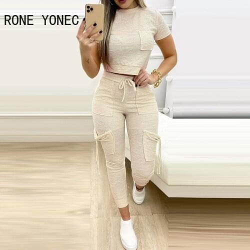 Women Solid Casual pocket Tape Short Sleeves Sporty Sweatpants Sets