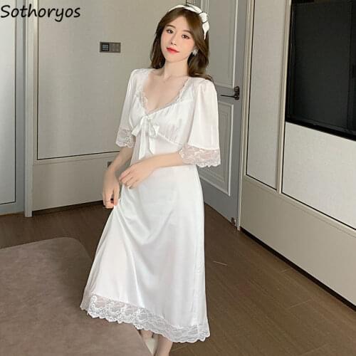 V-neck Sleepshirts Women Short Sleeve Tunic Gentle Lace Slender Cozy Breathable Nightgowns Trendy Bow Temperament Lounge Females