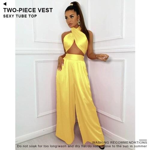 2021 new Summer Hot Sexy Two-Piece Solid Color Vest V-Neck Off-The-Shoulder Suit Women Wide Leg Pants Loose