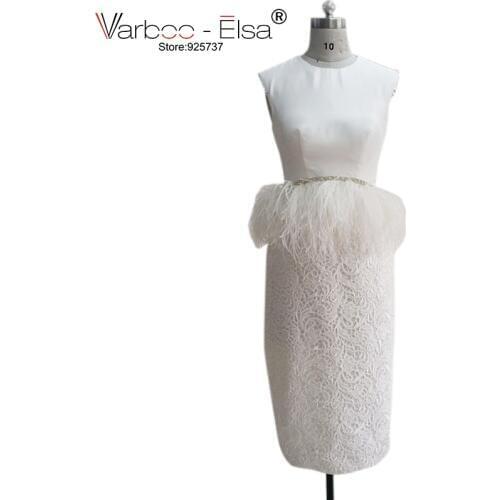 VARBOO_ELSA Ivory prom dress sheath tea length prom dresses with feathers sleevesless prom dresses 2018 vestido de formatura