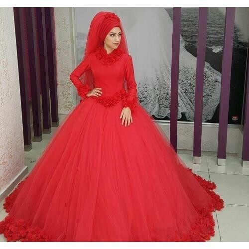 2020 Muslim Red Wedding Dress Long Sleeves Formal Holiday Wear wedding Gown Custom Made Plus Size bridal dress Vestido De Novia