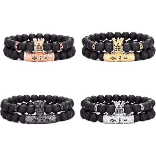 2pcs/lot 8mm crown gold silver copper cz zircon cubic zirconia beads bohemian Bracelet agate Onyx Stone Bangles fv4g