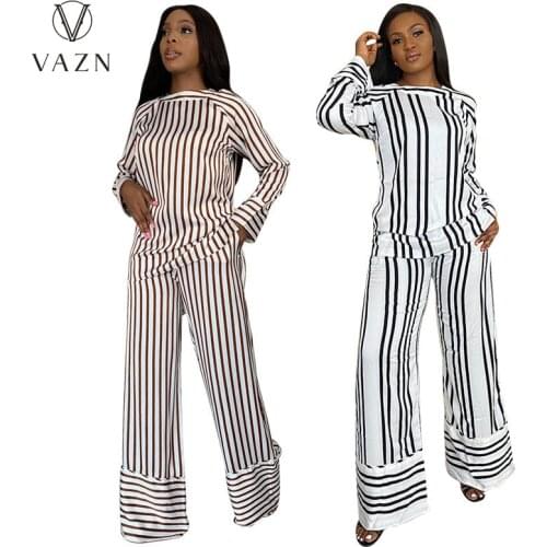VAZN 2021 Autumn Chiffon High-end Striped Overalls Sexy Young Full Sleeve Top Long Wide Leg Pants 2 Piece Set Slim For Women