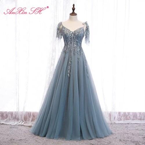 AnXin SH princess blue lace evening dress vintage party spaghetti strap little bow beading crystal bride a line evening dress