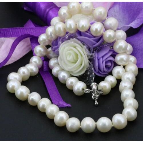 9-10mm white freshwater natural cultured pearl nearround beads chain choker necklace for women weddings party gift 18inch B3236