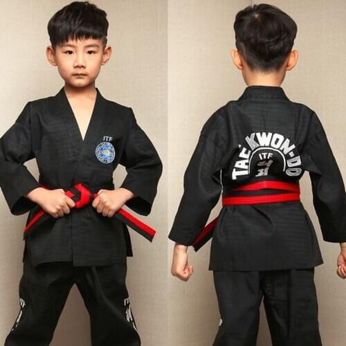 Kids Taekwondo Dobok TKD Cotton & Bamboo Fiber Uniform WTF Series Of Children Black White