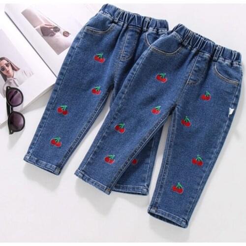 COOTELILI Cute Cherry Kids Girls Jeans Spring Trousers Children Jeans Kids Fashion Denim Pants Baby Girls Jean Infant Clothing