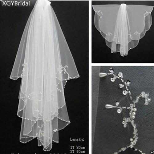 2021 New Arrival Wedding Veil Two Layer Accessories With Metal Comb Fingertip Veil Bead Edge Polyester Leaf Type Luxurious