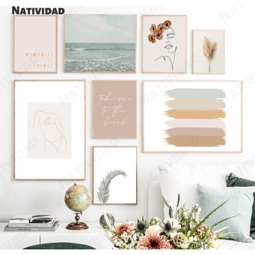 Korean Style Simple Sketch Painting Girl Reed Sea Macarons Color Line Sunrise Painting Living Room Aesthetic Room Decor