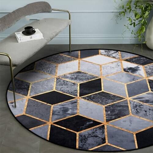 Carpets for Living Room Nordic Black Square Pattern Round Carpet Grey Modern Home Decor Rugs for Children Rooms 100% Polyester