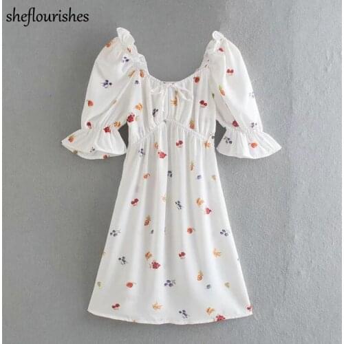 Summer mini dress korean print dress women vintage square neck dresses ruffle puff sleeve dresses casual A line dress white