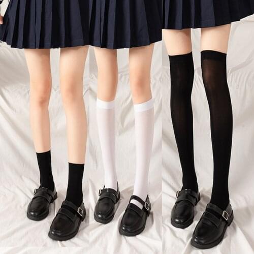 Summer Thin Velvet Calf Black and White Solid Color Over The Knee Thigh Japanese College Style Uniform Medium Tube Socks Female