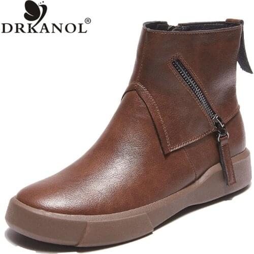 DRKANOL Fashion Retro PU leather Ankle Boots For Women Flat Winter Warm Casual Shoes Side Zipper Student Short Cotton boots