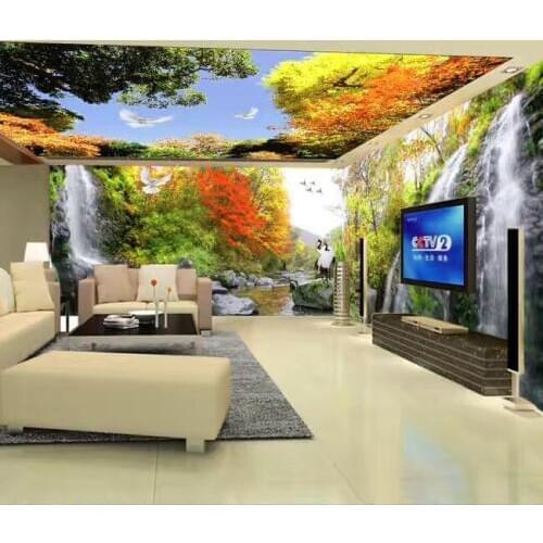 Bacaz 3D Wall Mural Wallpaper Home Decor Green Mountain Waterfall Nature Landscape ceiling wallpaper 3D Photo Wall Paper