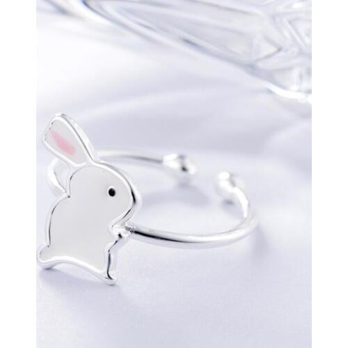 New Cute Animal Korean Style Fashion Gift 925 Sterling Silver Jewelry Sweet White Rabbit Epoxy Beautiful Opening Rings R081