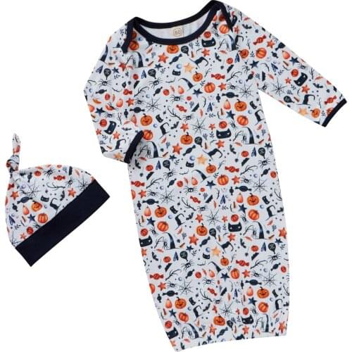 Citgeett Newborn Baby Girls Boys Halloween Printed Outfits Long Sleeve Round Neck Sleeping + Knotted Cap